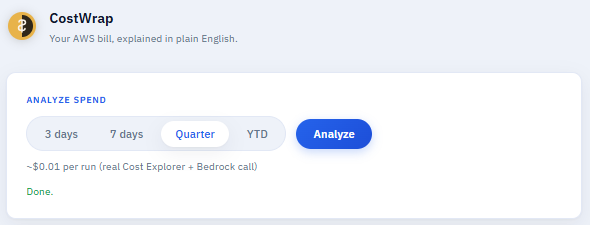 Period picker with 3 days, 7 days, Quarter, and YTD options, and the Analyze button
