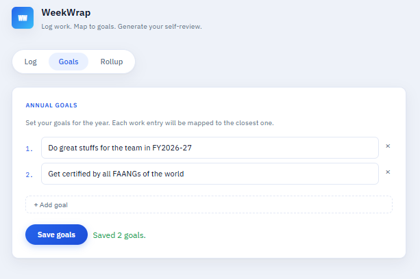 Goals tab - setting annual goals