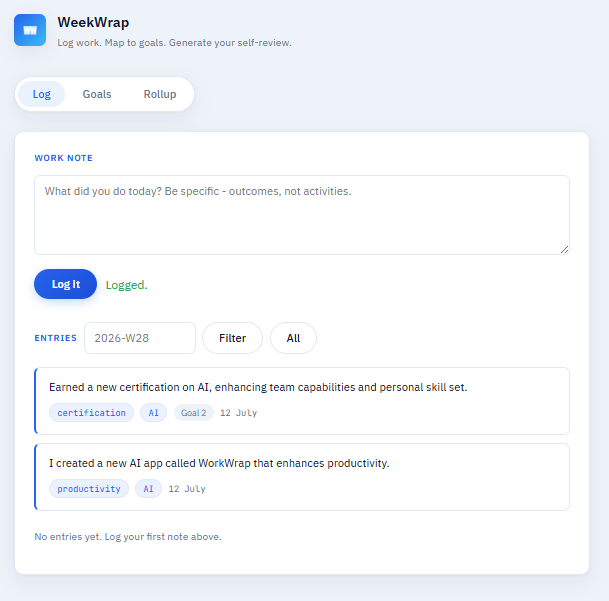 Log tab - logging a work note and viewing structured entries