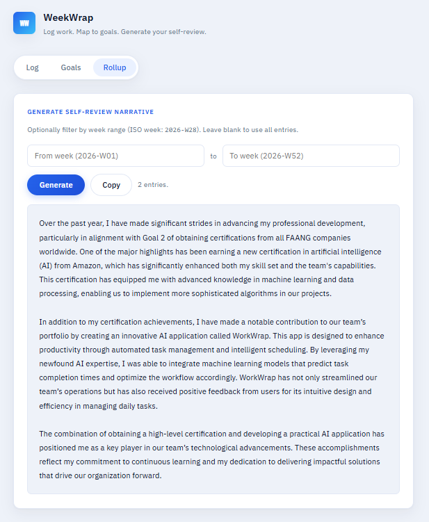 Rollup tab - generated self-review narrative